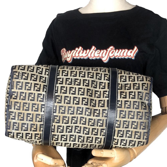 FENDI Zucca Navy Blue Leather Grey Canvas Boston Carry-On Bag Speedy 30 EUC - Picture 7 of 17